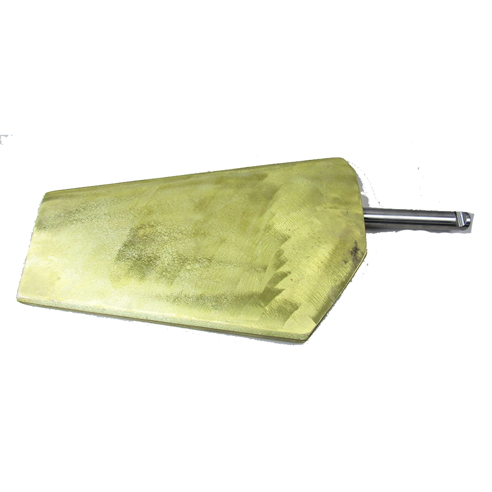 The Malibu Rudder Assembly 1.12 Post (3411027) features a metallic, rectangular, tapered blade with a shiny textured yellowish surface and a cylindrical metal shaft at one end, shown against a plain white background.