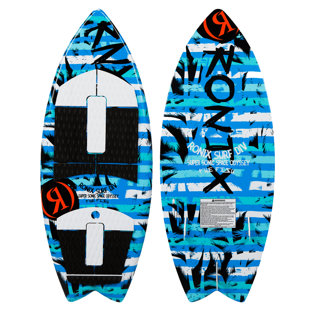 An Ronix 2024 Super Sonic Fish Wakesurf Board - 3'9" with a blue and white design.