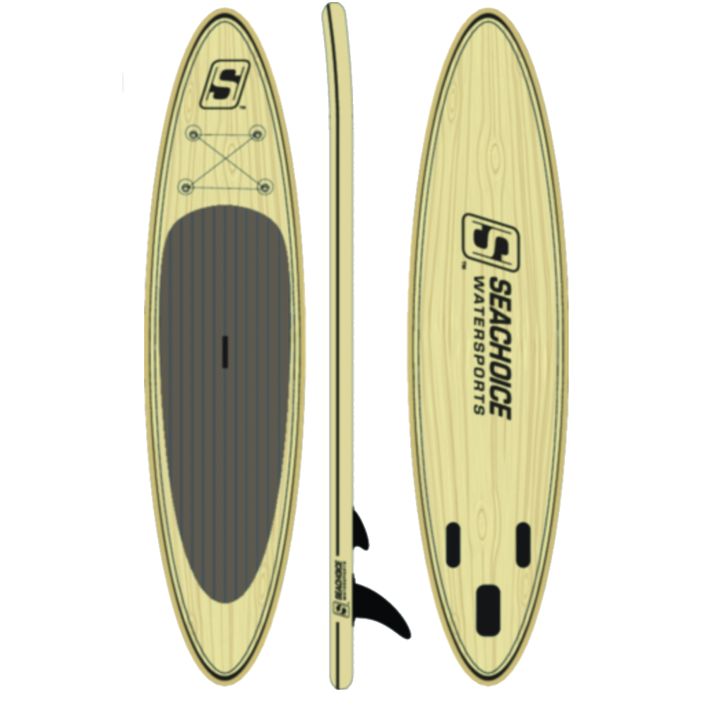 Three views of the Seachoice Inflatable Stand-Up Paddle Board-10'6: top with black traction pad and bungee cords, side showing thickness and fin, and bottom displaying the Seachoice logo and fin—ideal for any paddle board fan.
