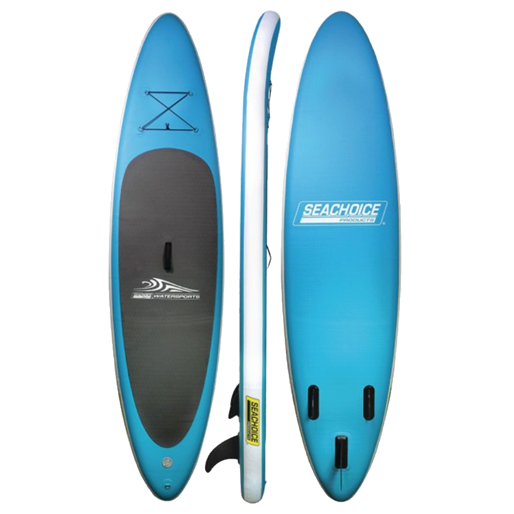 Three views of the Seachoice Inflatable Stand-Up Paddle Board-10'6: top with a black deck pad and bungee cords, side profile, and bottom featuring fins and the Seachoice logo.