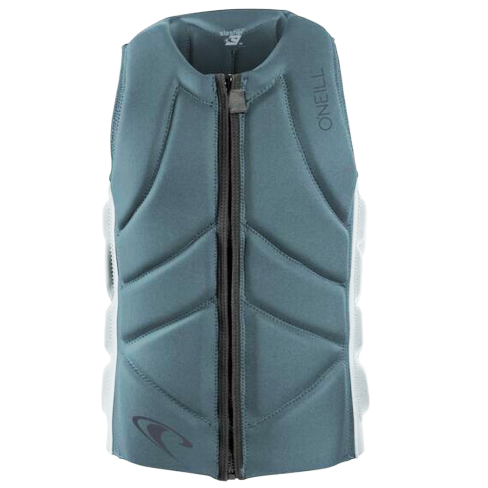 An O'Neill Slasher Comp Vest - Cadet Blue with a zipper, featuring Nytrolite Foam Technology in a vibrant blue and white color scheme.