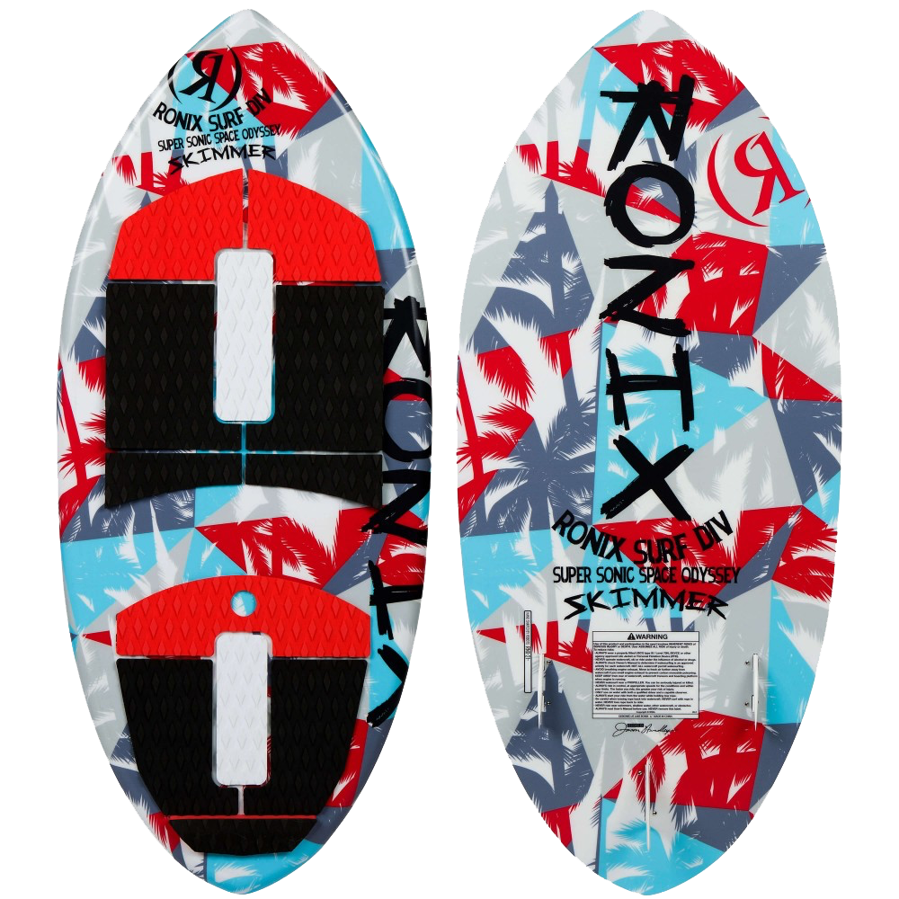 An affordable Ronix 2024 Super Sonic Space Odyssey Skimmer Wakesurf Board - 3'11" with a durable red, blue, and white design.