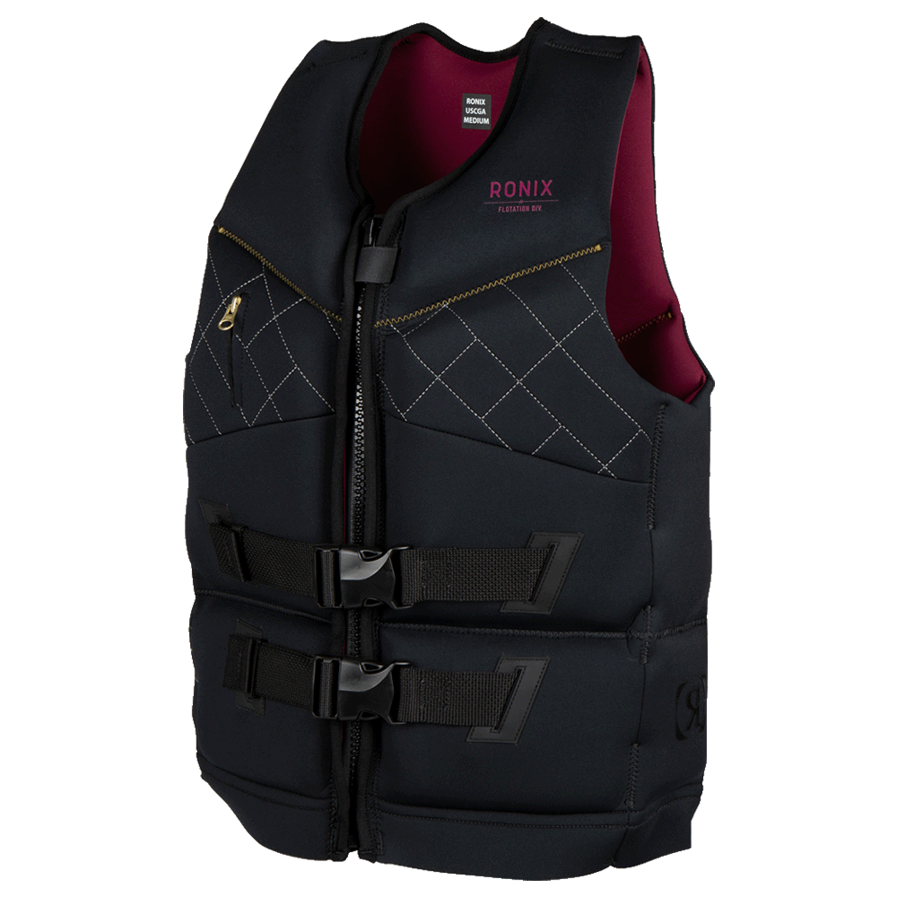 A black and burgundy Ronix Women's Supernova Capella 3.0 CGA Vest.