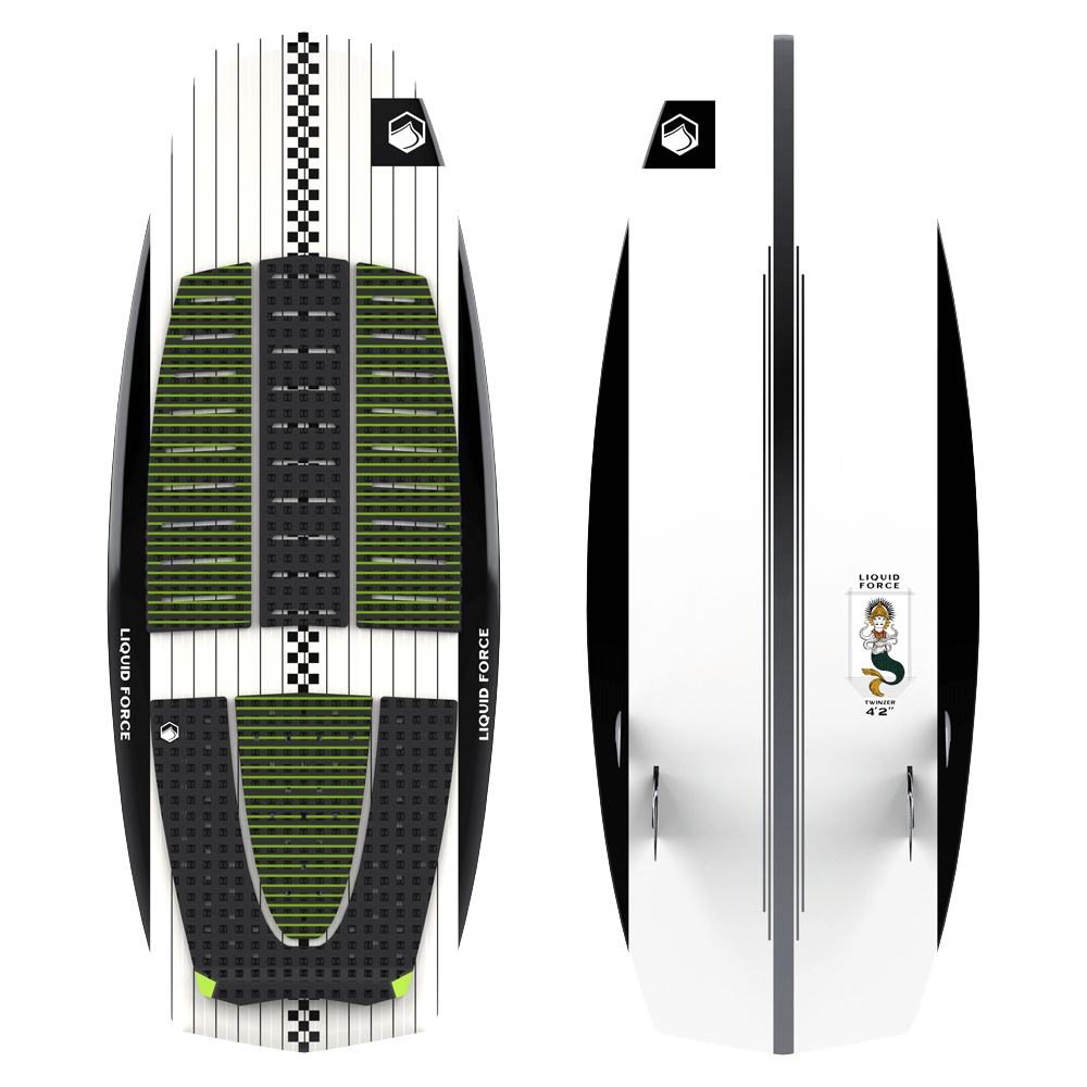 A Liquid Force 2022 Twinzer Wakesurf Board with a green and white design.