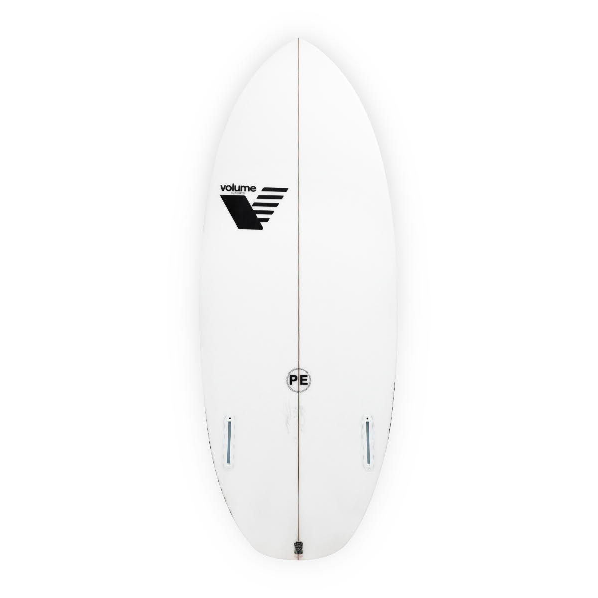 The Volume EBT Wakesurf Board by Volume is a white board with a rounded nose and tail, a black "volume" logo with angled lines on the upper left, and a small circular PE logo near the center fin box.