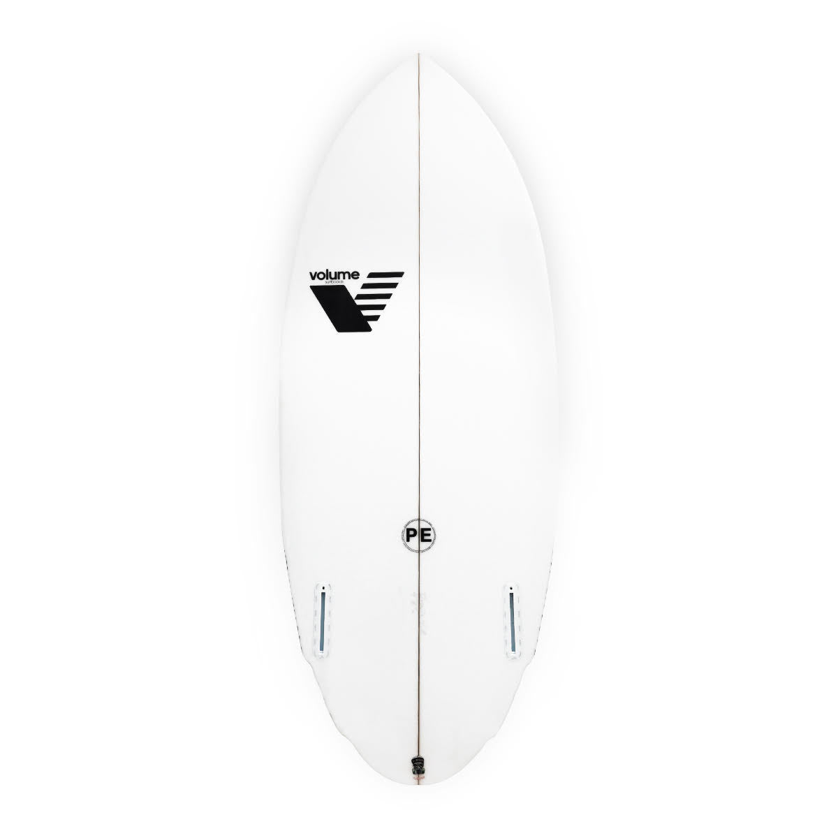 The Volume Oracle Wakesurf Board by Volume features a white, aggressive design with a pointed nose, rounded tail, hand-glassed construction, and black logos. Dual fin slots near the tail make it ideal for intermediate to advanced surfers.