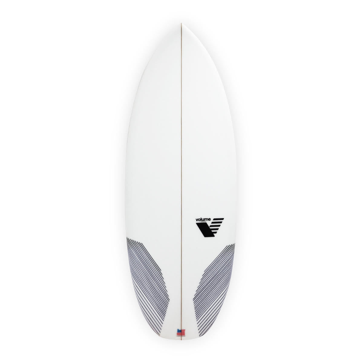 The Volume EBT Wakesurf Board by Volume features a white design with a pointed tip, a black Volume logo near the center, and diagonal black stripes at the lower tail, shown against a plain white background.
