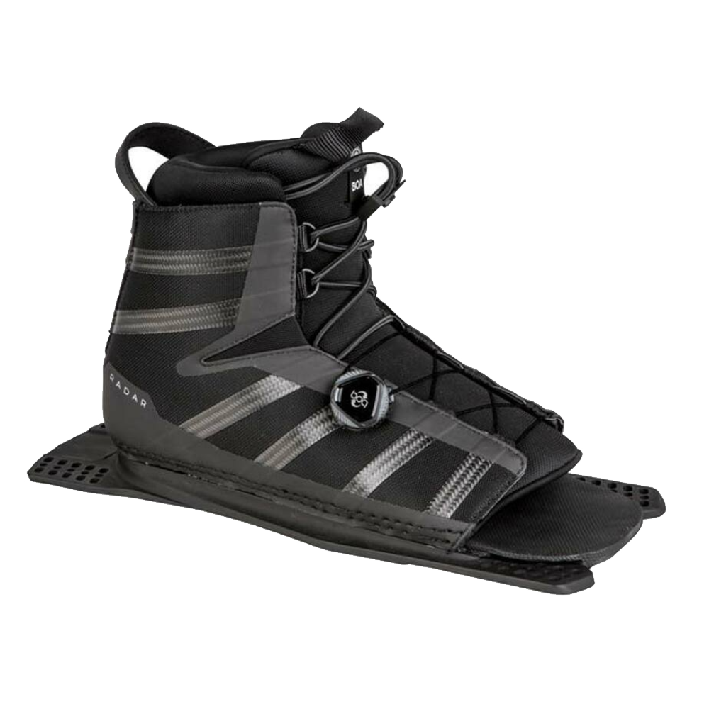 The Radar Vector Boa Binding by Radar is a black and gray water ski boot with an open toe, adjustable Boa lacing, and a flat black baseplate featuring Carbitex CX6 for enhanced performance, shown on a plain white background.