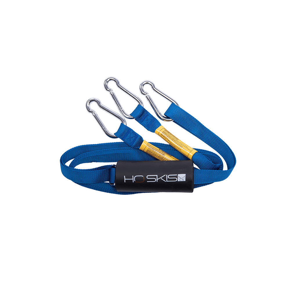 A blue HO Nylon Webbing Tow Harness with two hooks on it, perfect for towing behind outboards or inboard/outboards.