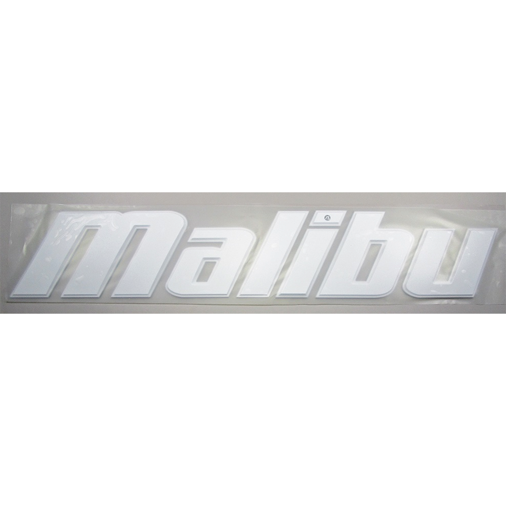 The Malibu LG Decal - White (5992928) by Malibu features bold, italicized white text on a light gray background, resembling an authentic Malibu emblem or boat decal.
