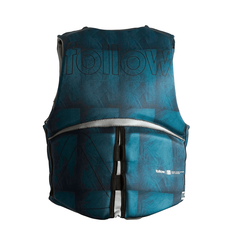 A blue and black Follow Order Women's CGA Jacket in teal with sublimation patterns from Follow Wake.