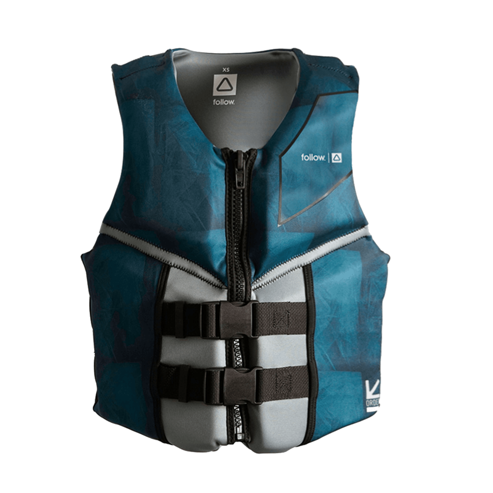 A teal Follow Wake featherweight PVC foam life jacket.