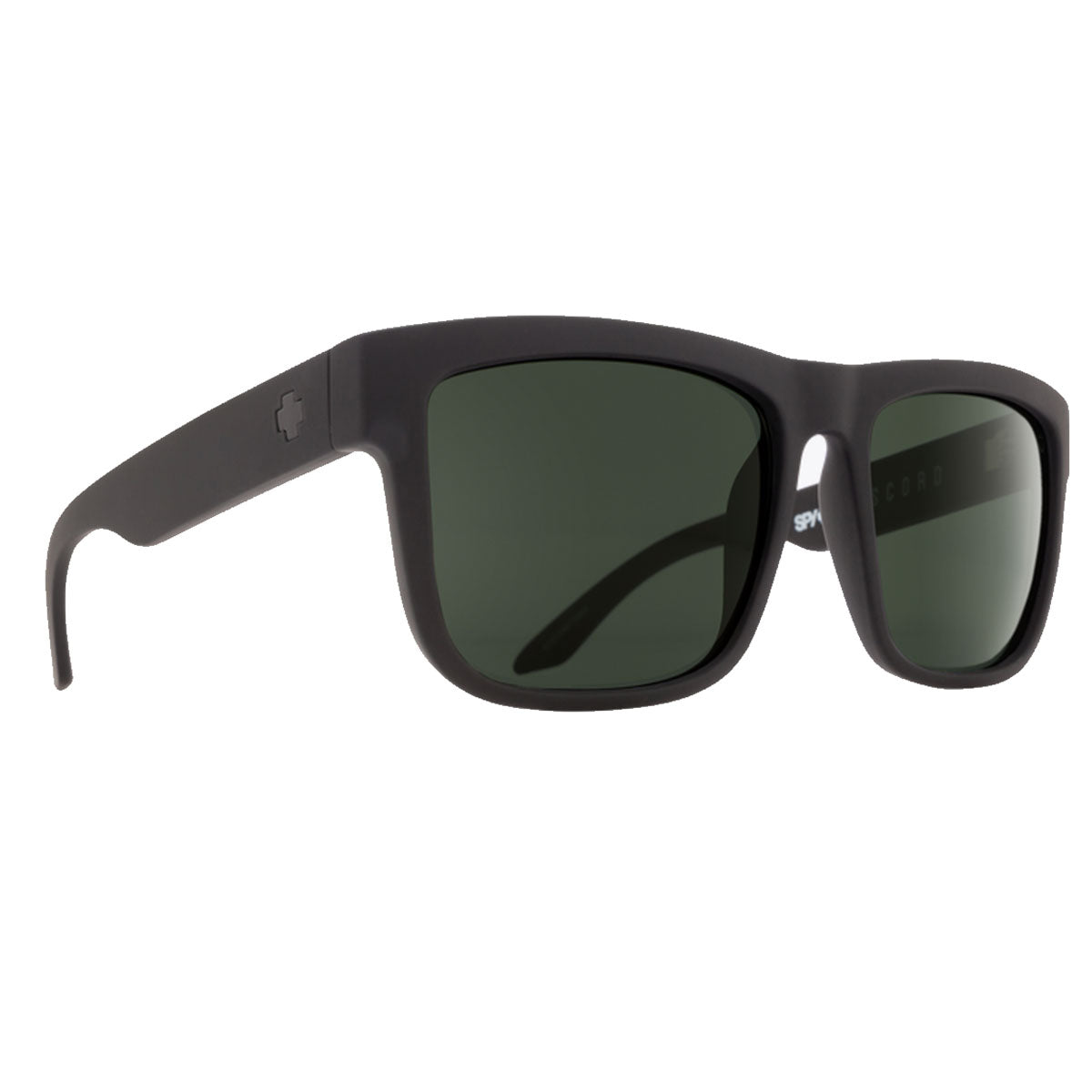 The Spy Discord sunglasses feature a soft matte black square frame, HD Plus gray green lenses with 100% UV protection, and a subtle cross logo on the temple near the hinge.
