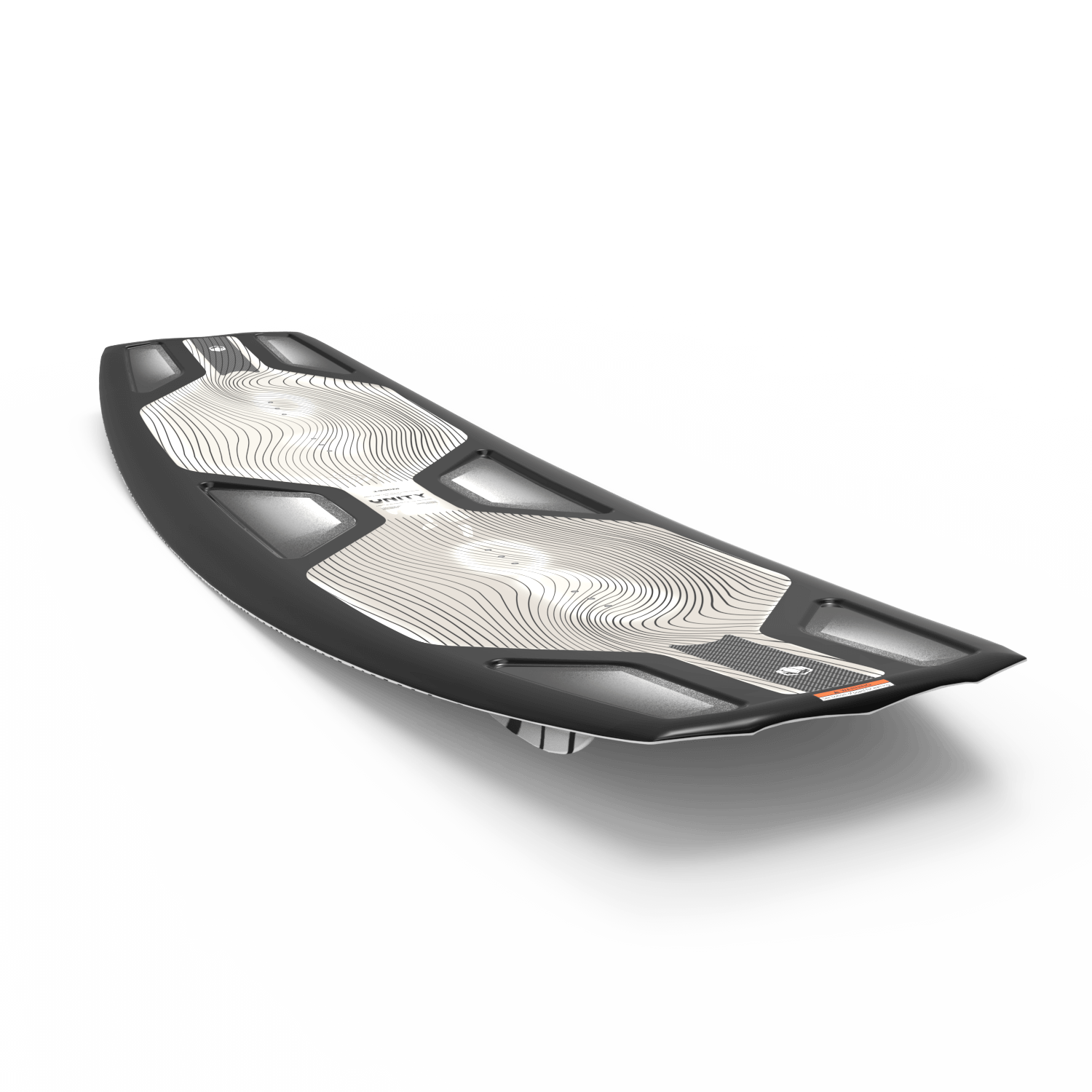 A Liquid Force 2024 Unity Aero Wakeboard (Pre-Order) with an aggressive continuous rocker on a white surface.