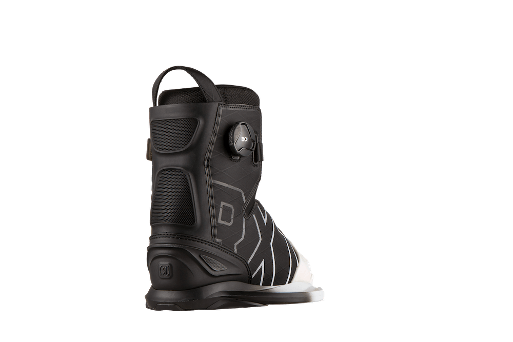 A lightweight black and white Ronix 2024 RXT BOA snowboard boot featuring the BOA Fit System on a sleek black background.