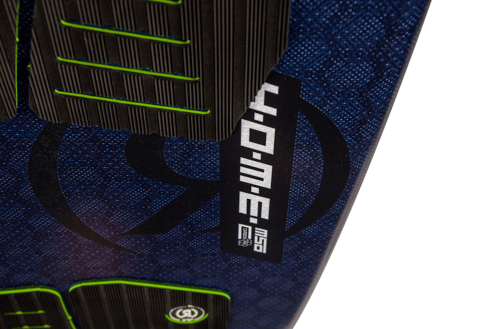 A Ronix 2024 H.O.M.E. Carbon Pro M50 Wakesurf Board with a logo on it featuring the M50 button fin system.