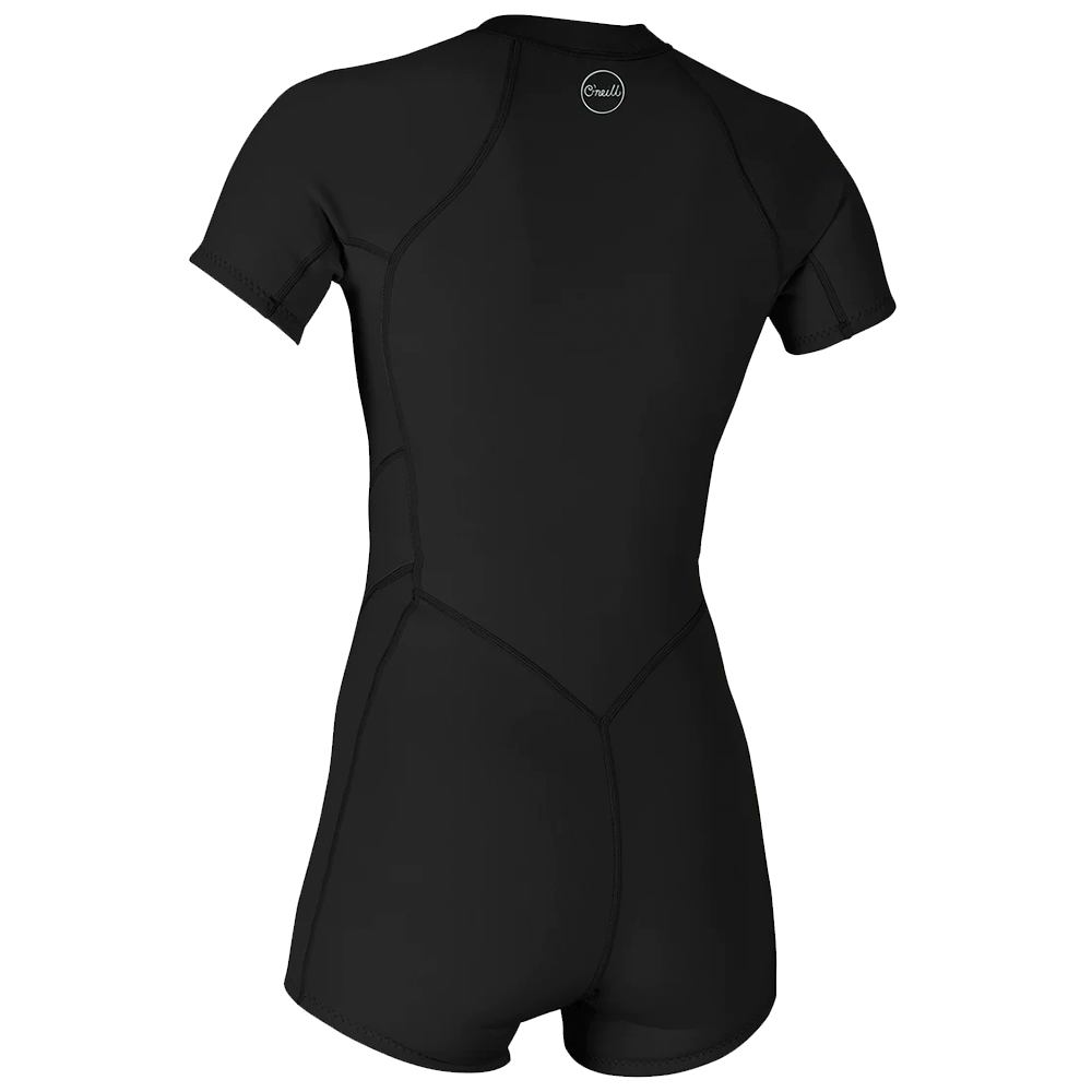 A women's black O'Neill Women's Bahia 2/1 S/S Front Zip Spring Suit with a logo on the back.