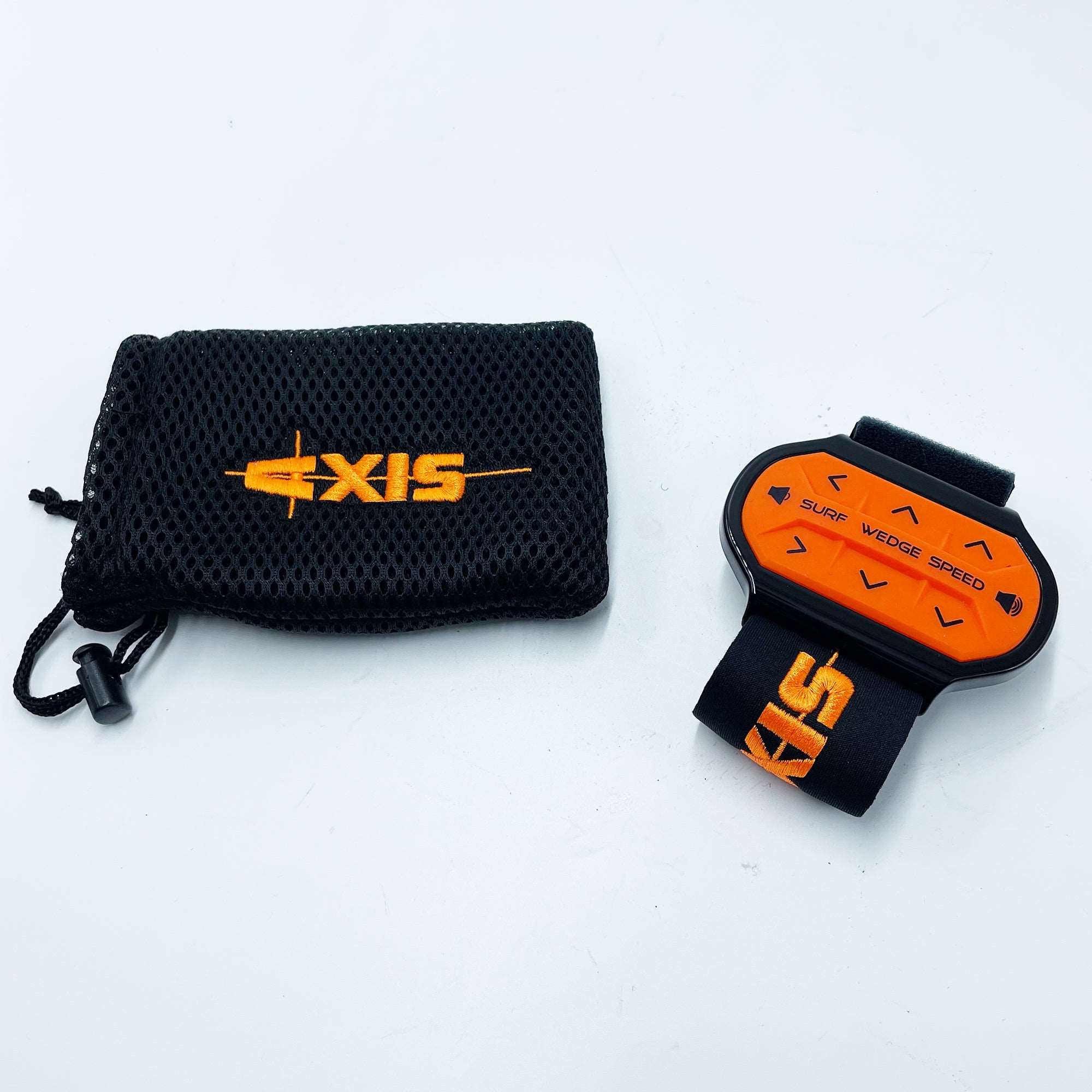 A black pouch with an orange and black Axis logo on it, designed for wake transfers remotely and boat speed adjustment, the Axis Wake Surf Band 2018- is perfect for you.