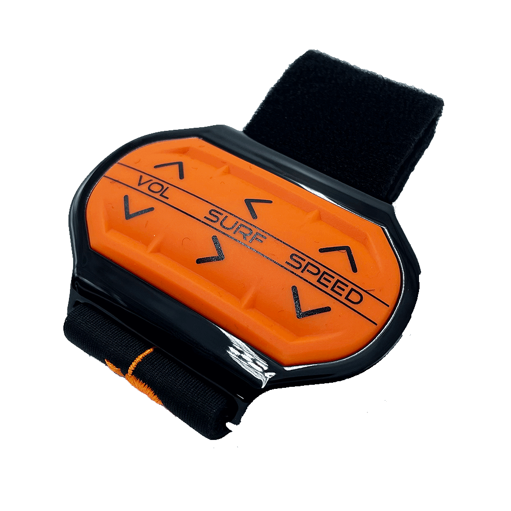 The Axis Wake Surf Band 2017 by Axis is a vibrant wristband featuring an orange and black logo. It allows users to adjust boat speed and perform wake transfers.
