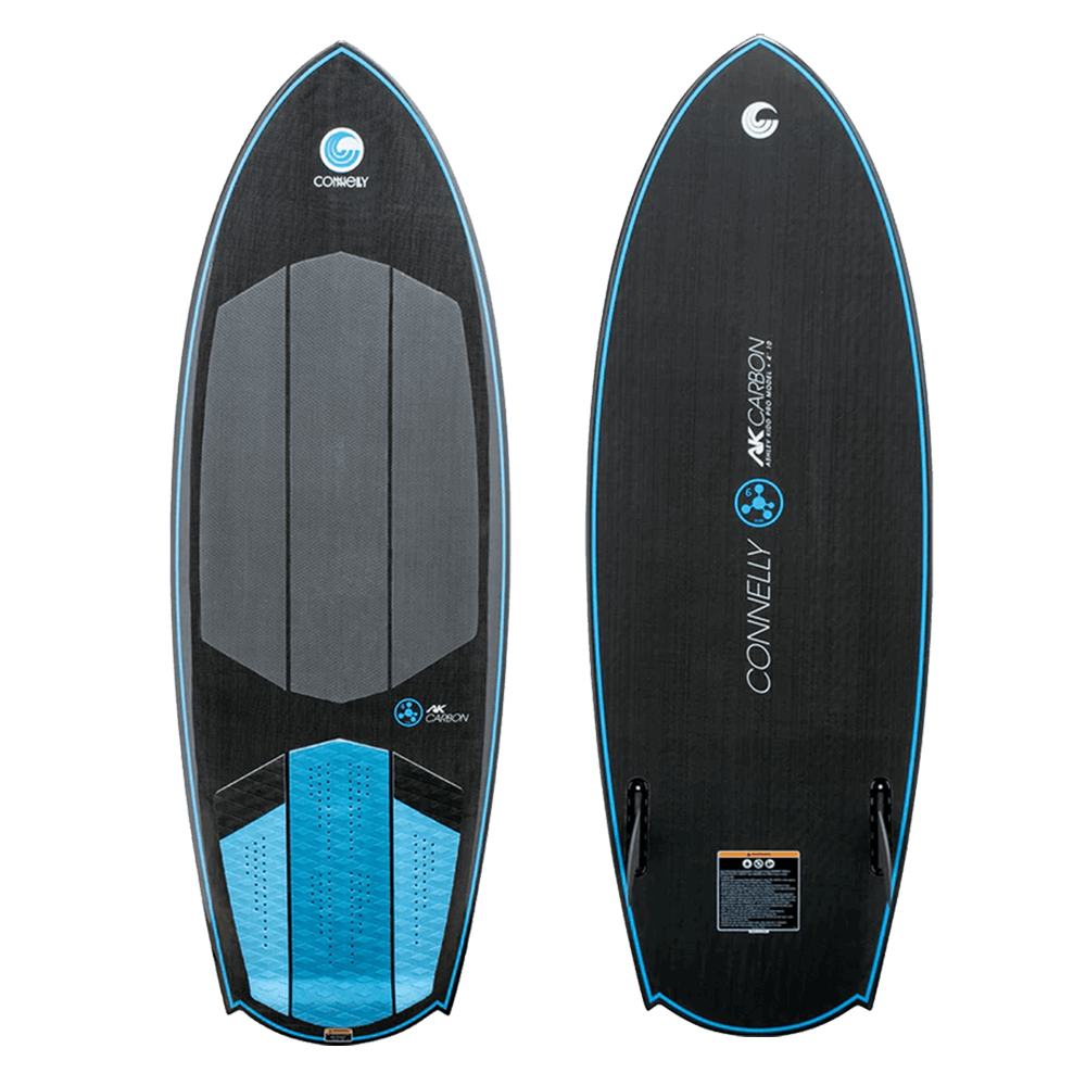 A Connelly 2024 Carbon AK Wakesurf Board in black and blue, designed by Ashley Kidd, showcased against a sleek black background.