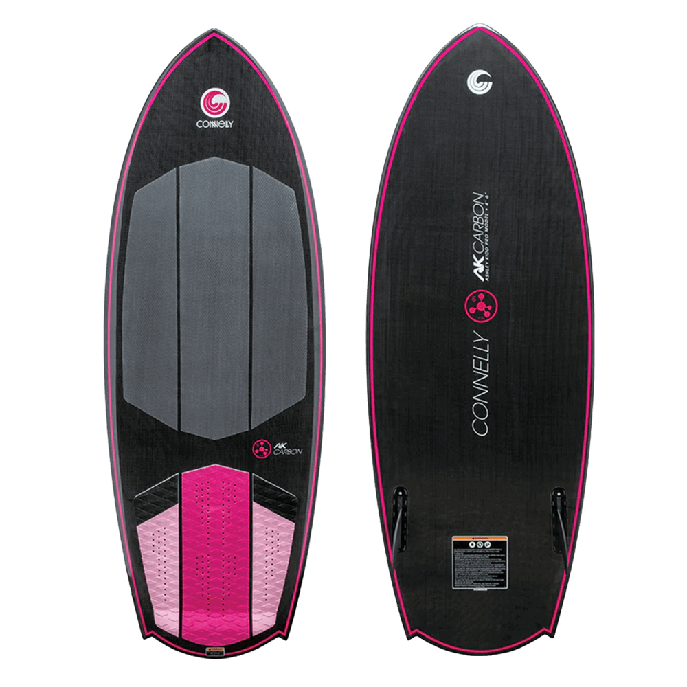 A Connelly 2024 Carbon AK wakesurf board featuring a sleek black and pink design, showcased against a stylish black background.