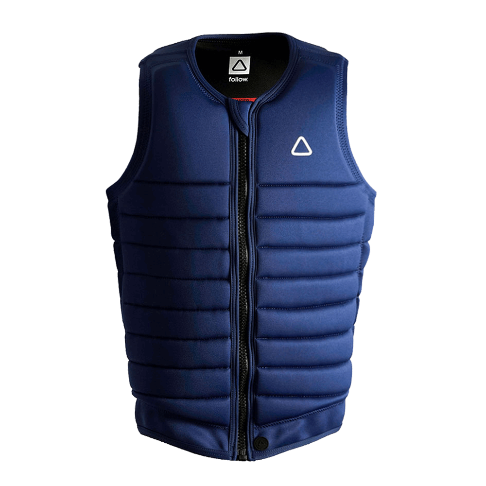 A Follow Wake Men's blue Primary Vest with a triangle on it.
