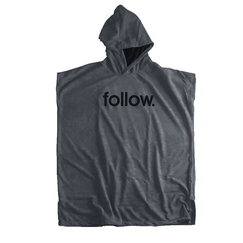 An embroidered logo of the word "follow" adorns a gray Follow 3.13 Towelie - Stone poncho from Follow Wake.