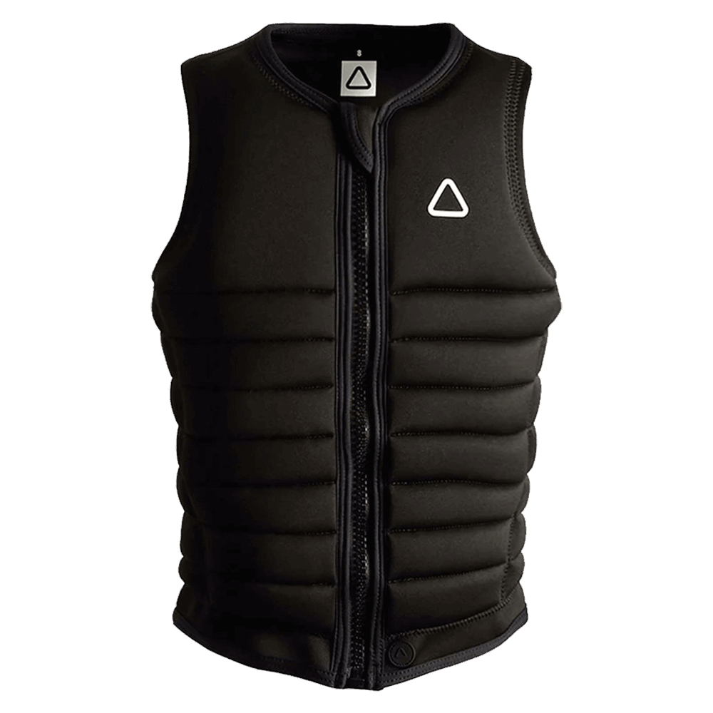 A Follow Wake Primary Ladies Jacket - Black with a triangle on it, offering maximum flex for impact protection.