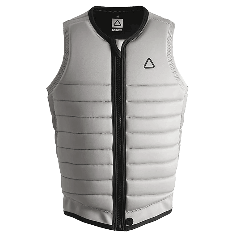 A white vest with a black logo on it, featuring the Follow Primary Men's Jacket - Grey by Follow Wake.