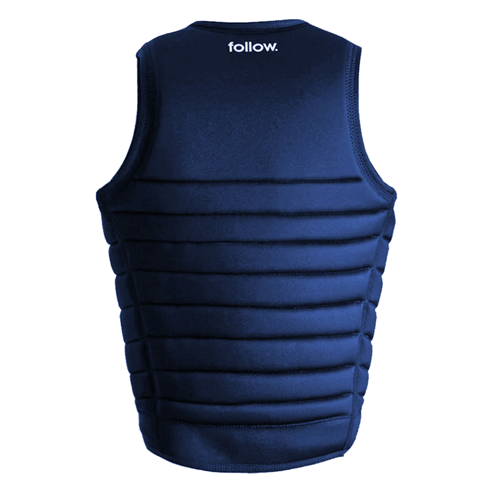 The back of a blue Follow Primary Men's Jacket - Navy vest with the word Follow Wake on it providing flex and impact protection.