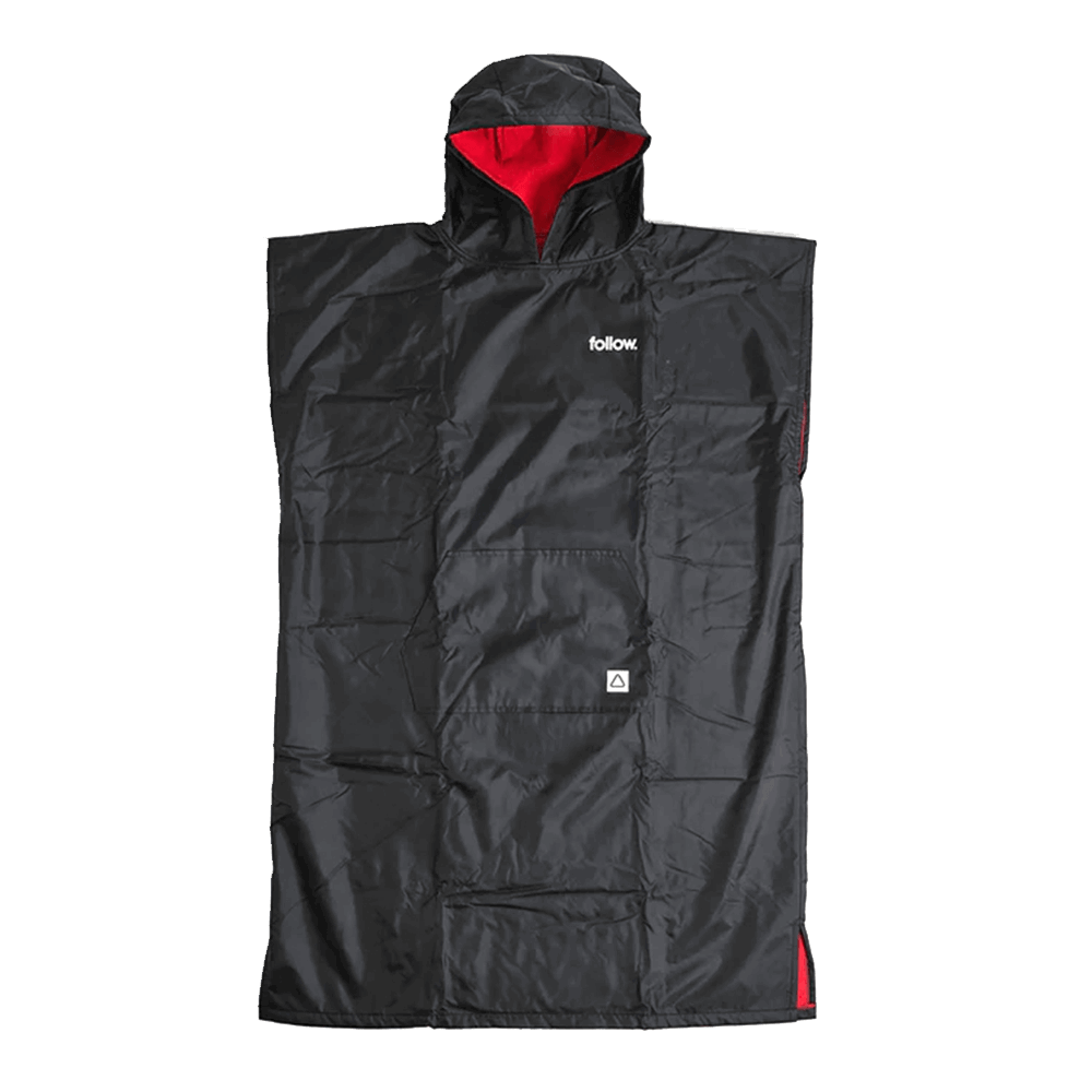 A black and red Follow Rain Towelie - Black poncho providing warmth & water protection on a black background.
