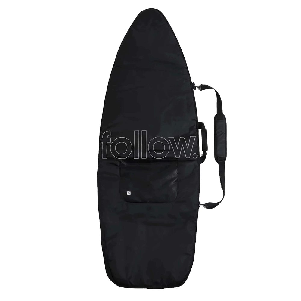 A Follow Wake Wakesurf Bag - Season 12 with a waterproof pocket, featuring a high strength YKK zipper, against a black background.