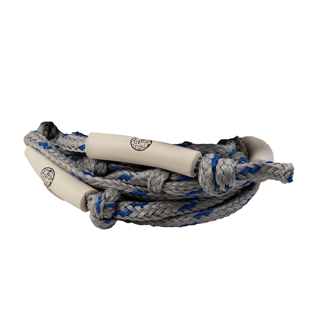 A Follow Wake Surf Rope - Navy/Grey with a blue and white handle.