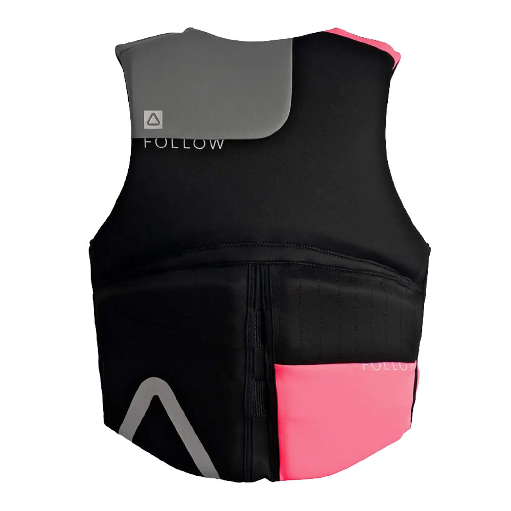 Black and pink life vest with 'FOLLOW' branding on a white background - back of vest