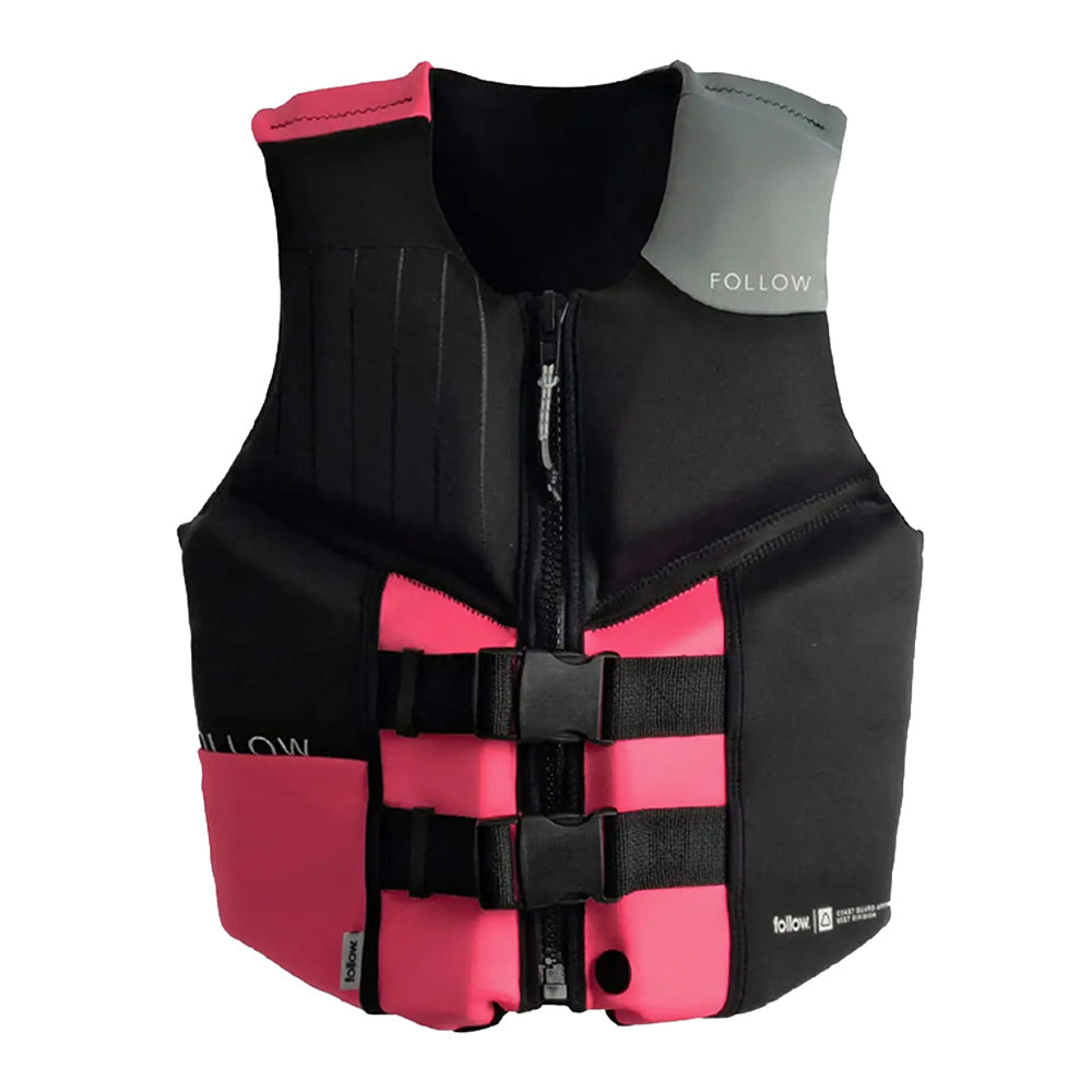 Black and pink life vest with 'FOLLOW' branding on a white background