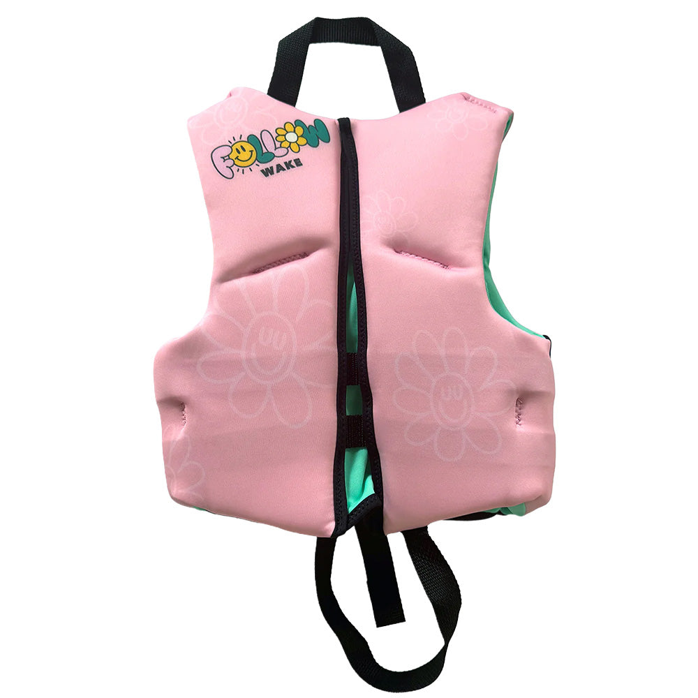 Pink Follow kid's life jacket with floral designs and a smiley face logo on a white background