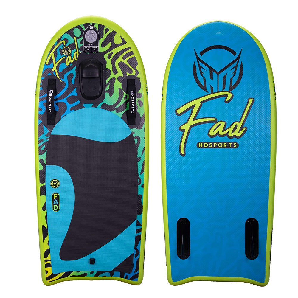 Two vibrant bodyboards featuring graphic designs come equipped with EVA Traction Pads and durable drop-stitch construction. One showcases a black and blue pattern, while the other primarily displays bold "HO Sports" text in blue with fins on the bottom.