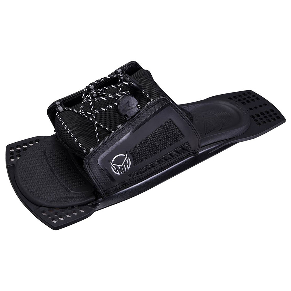 HO Sports' HO 2025 Stance 110 ARTP snowboard binding, designed in black with 6061-grade aluminum, includes adjustable straps and a perforated footplate to enhance performance.