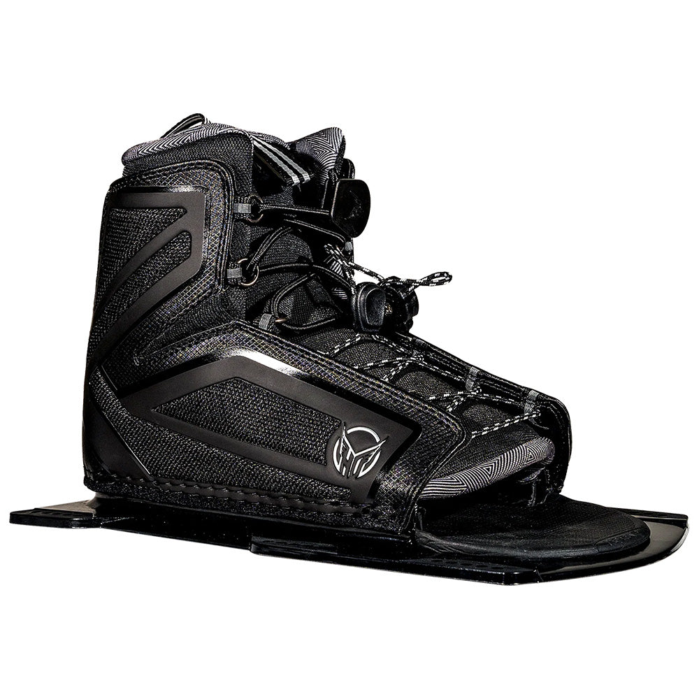 The HO Sports 2025 Stance 110 Front Plate is a wakeboard binding in black, featuring adjustable laces, a padded footbed on a flat baseplate, and enhanced lateral flexibility.