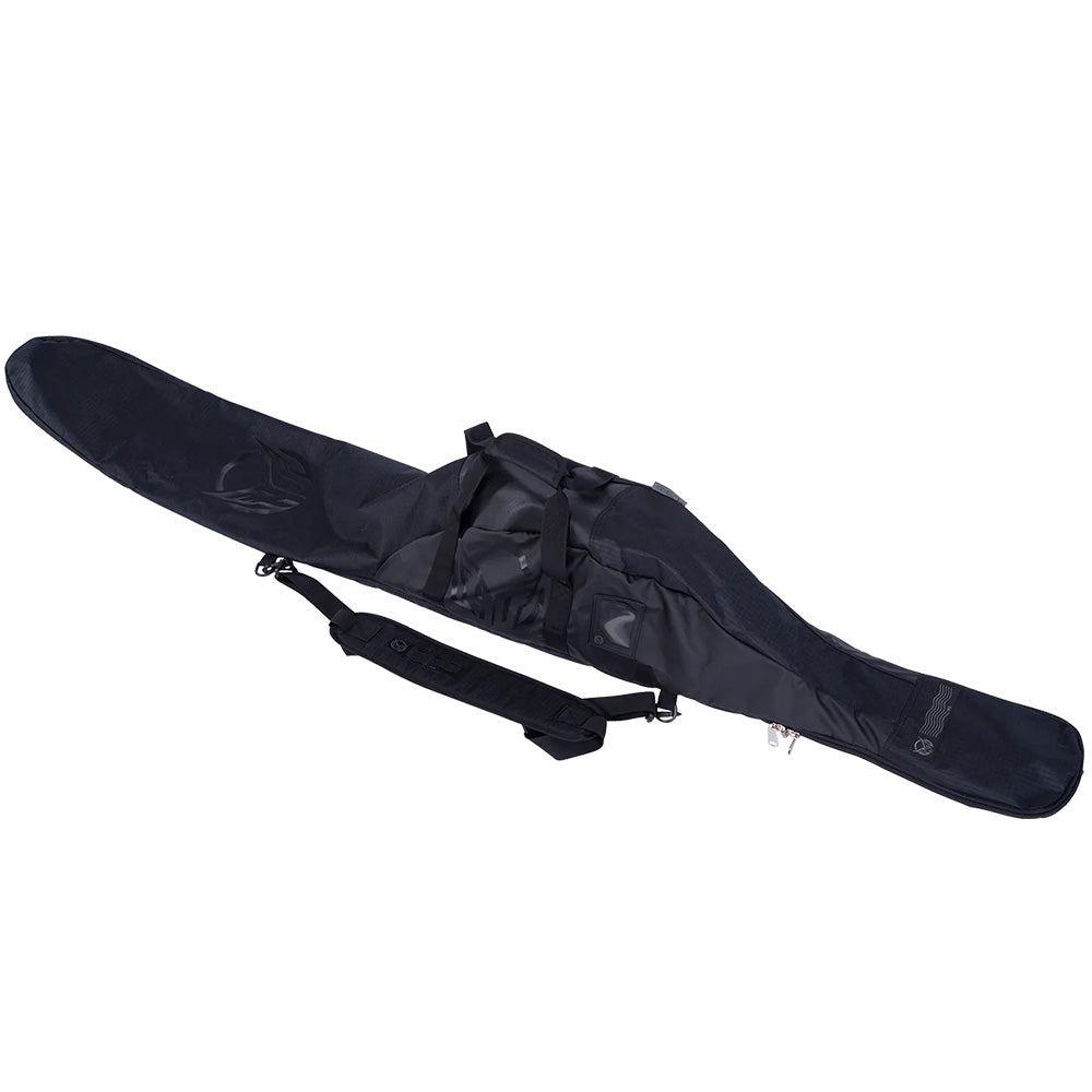 The HO Sports 2025 Universal Slalom Ski Bag is the perfect travel companion, boasting a sleek black design with a shoulder strap, multiple compartments, and sturdy zippers.