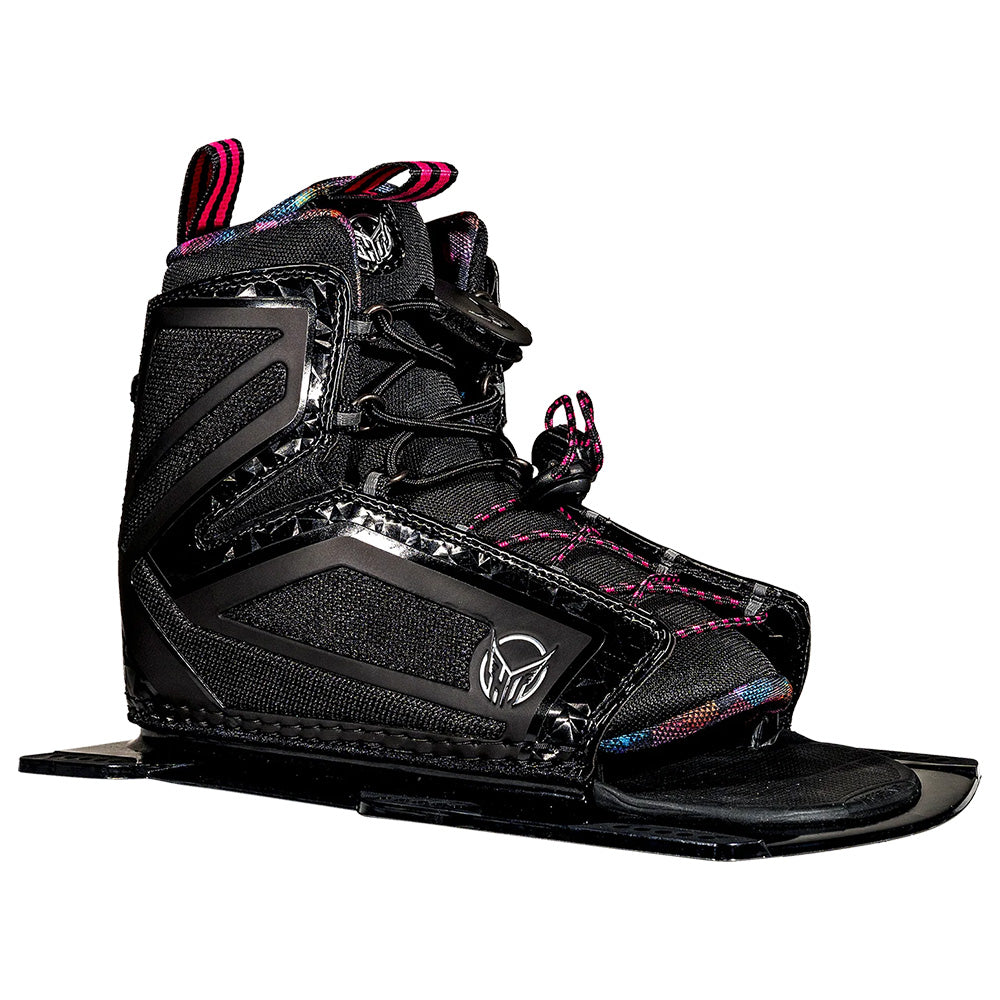 The HO 2025 Women's Stance 110 Waterski Bindings from HO Sports showcase a chic black design with pink and blue accents, featuring an open-toe construction and adjustable laces. These bindings provide lateral flexibility for enhanced comfort and include a GAIA PVC Free Foam Liner, capturing the spirit of a women's stance boot.