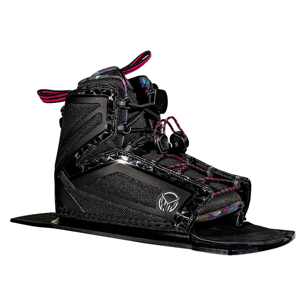 The HO Sports 2025 Women's Stance 110 Waterski Bindings are sleek black bindings that offer lateral flexibility and come with adjustable straps and a baseplate. They feature an eco-friendly GAIA PVC Free Foam Liner for added comfort, along with a logo on the side.