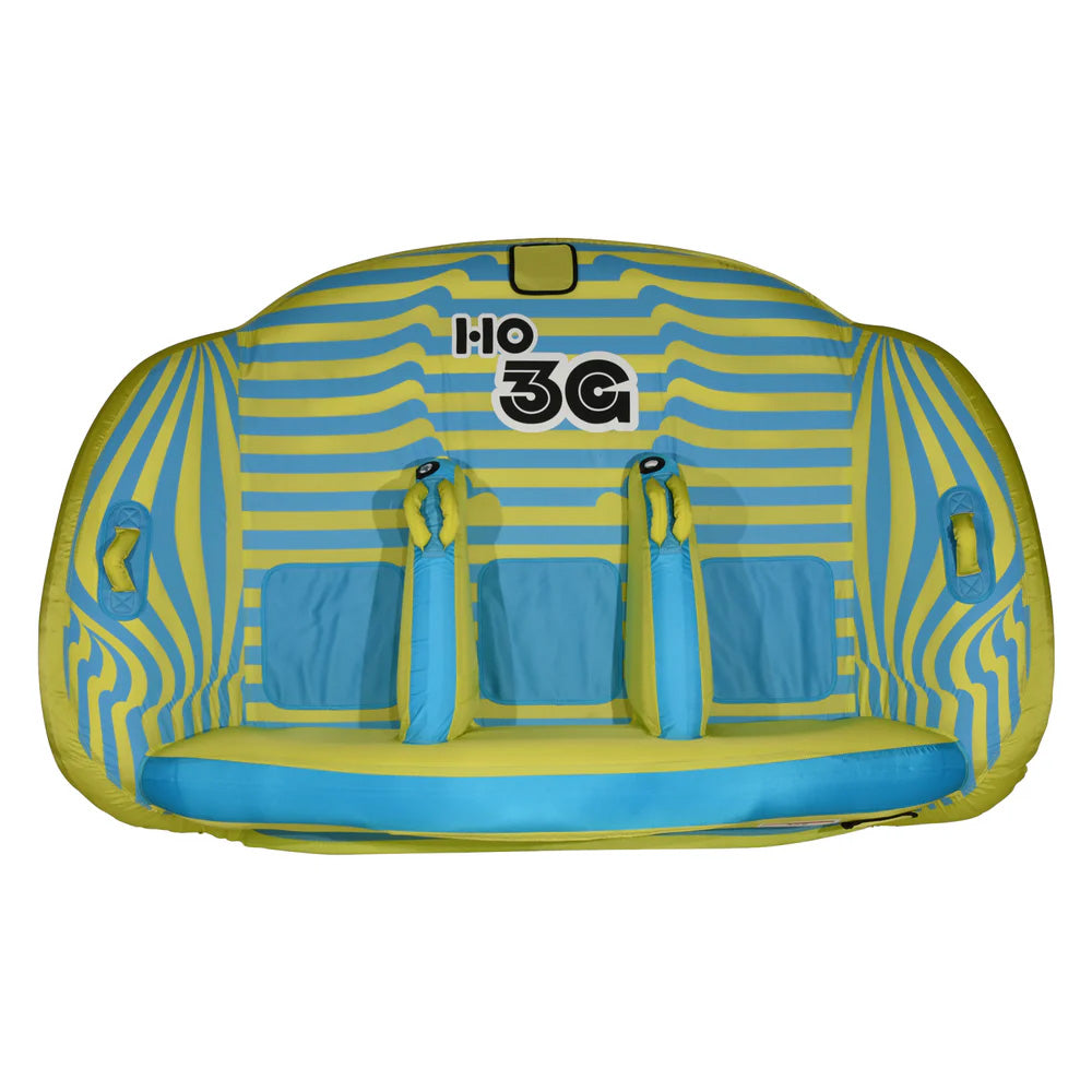 The HO Sports HO 3G Tube 2026 is a yellow and blue inflatable, swept-wing tube for 3 riders, featuring three seats with two upright handles each, a padded base, and "H2O 3G" printed on the backrest.