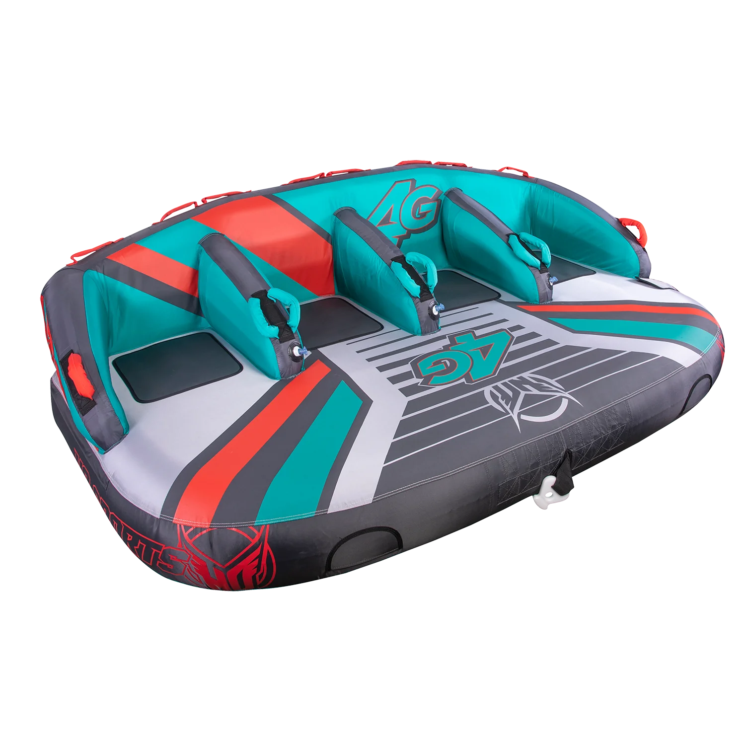 The HO 4G Tube by HO Sports is a spacious inflatable raft adorned with vibrant red, teal, and gray geometric patterns. It features ergonomic lounge-style seats and handles, making it perfect for multi-directional towing and offering ultimate comfort on the water.