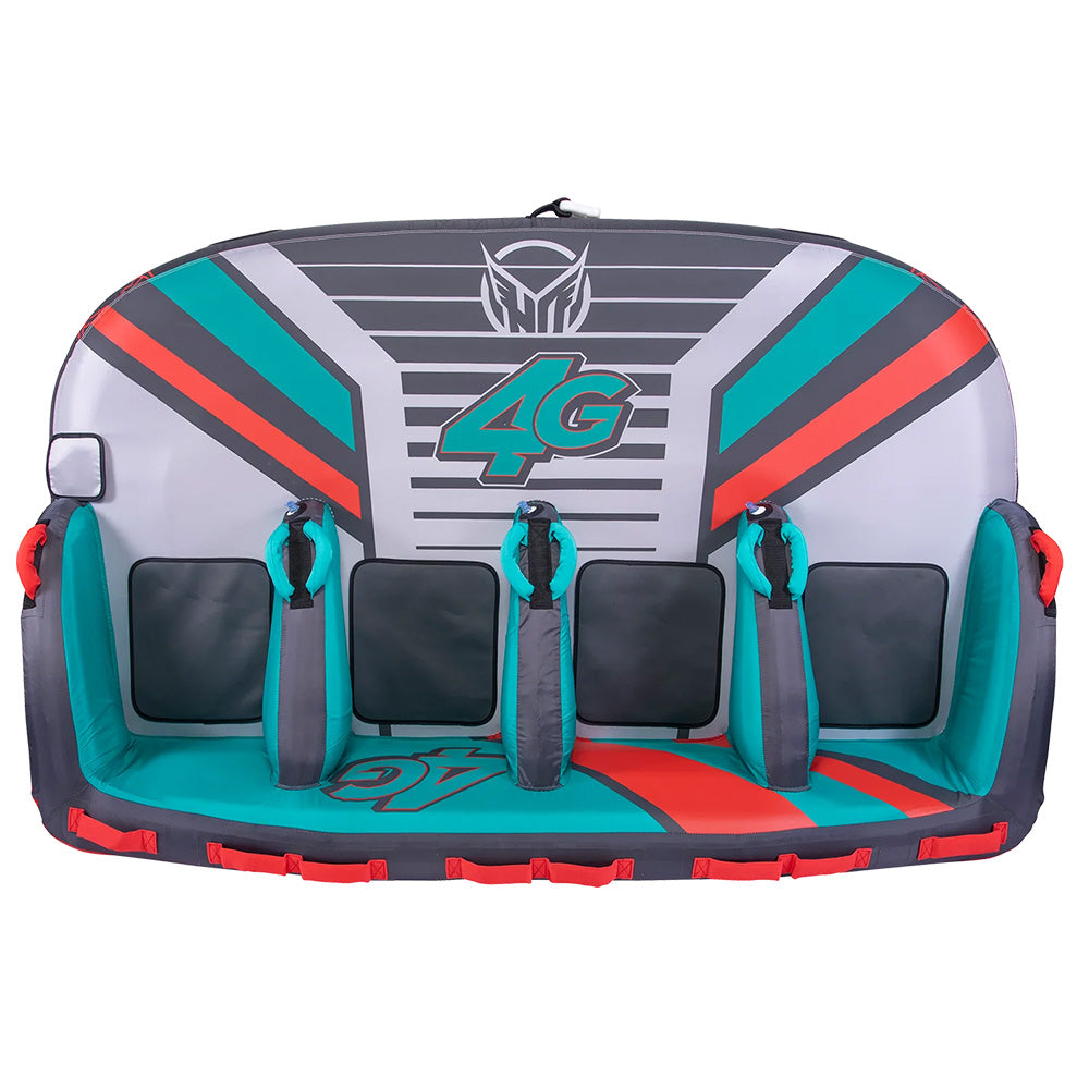 The HO Sports HO 4G Tube, designed for four riders, showcases a vibrant mix of teal, gray, and red. It includes ergonomic lounge-style seats, sturdy handles, and seatback supports that allow for multi-directional towing.