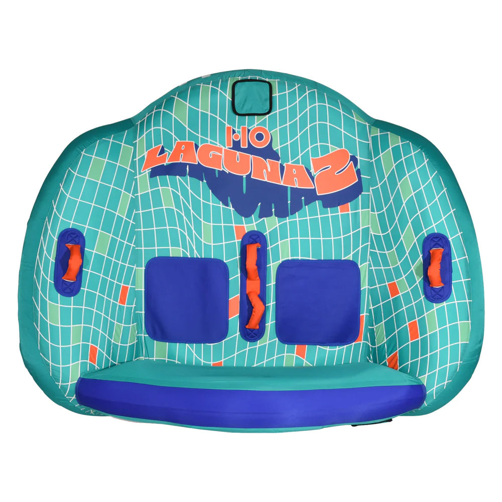 The HO Sports HO Laguna 2 Tube 2026 is a green and blue 2-person towable with a swept-wing design, three blue backrests, red handles, and a net-like pattern—ideal for water sports and comfortable for two riders.