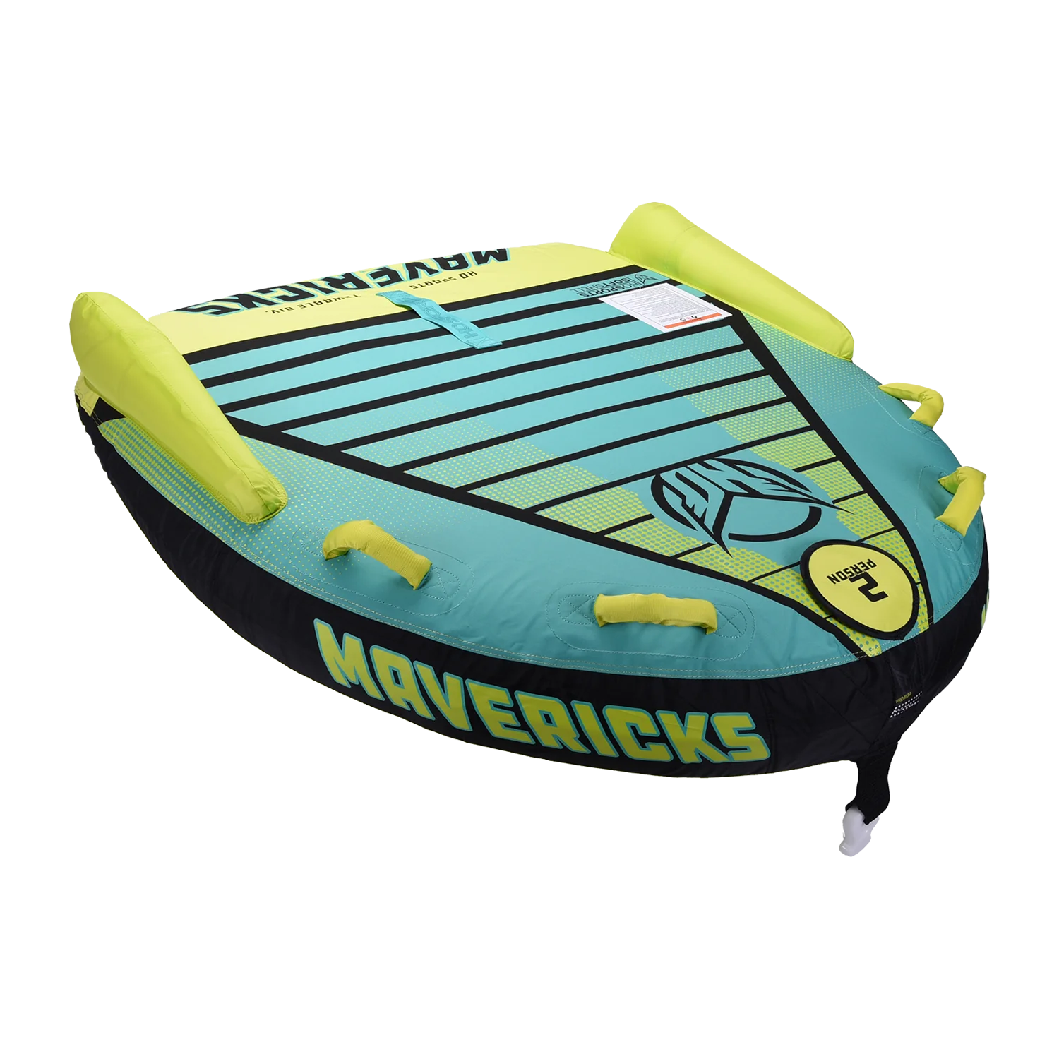 The HO Mavericks 2 Tube by HO Sports features a vibrant blue and yellow design and incorporates Softshell Technology for enhanced comfort and a nautical theme. Showcasing the word "Mavericks," this deck-style inflatable towable water tube offers both style and durability, ensuring endless fun on the water.