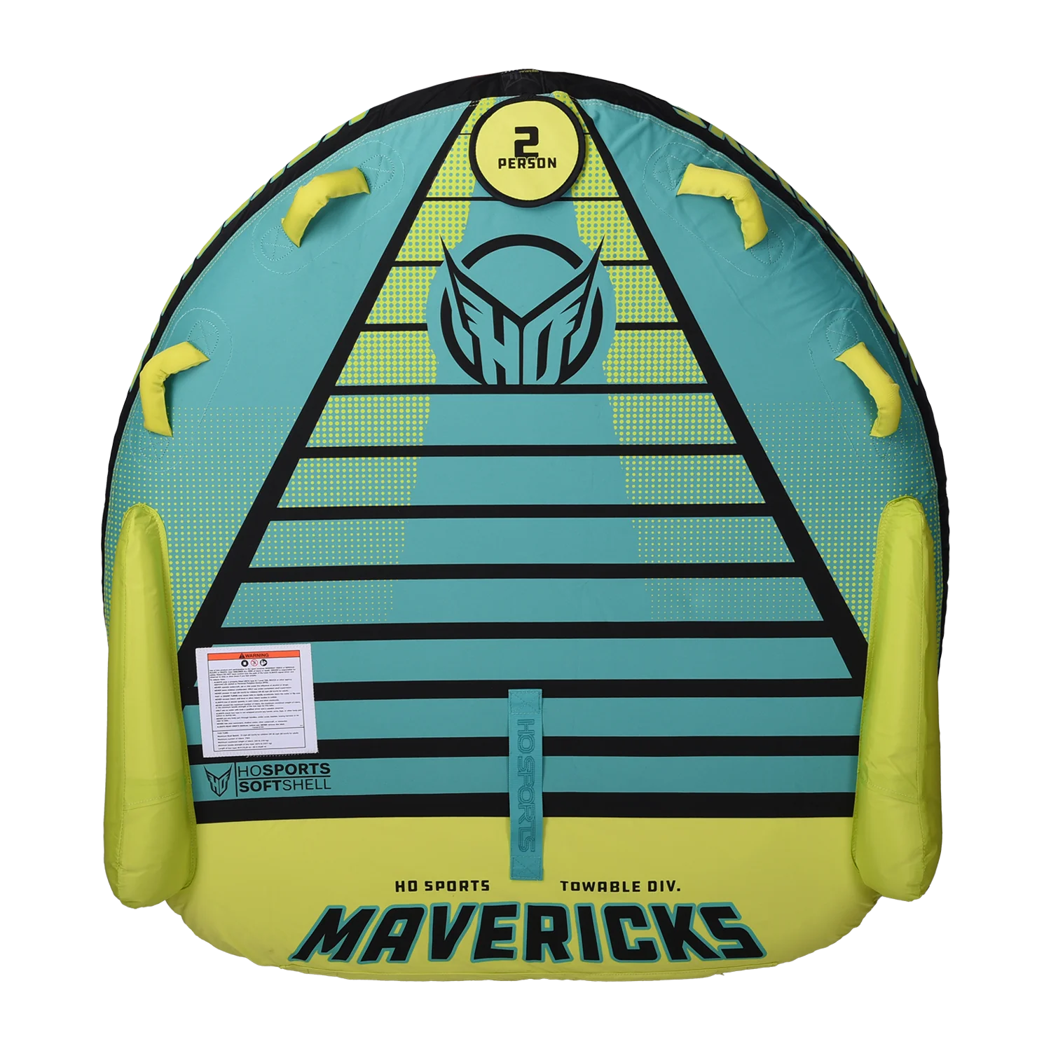 The HO Mavericks 2 Tube by HO Sports is a two-person inflatable towable tube, showcasing a green and yellow design and crafted with Softshell Technology for a comfortable ride.