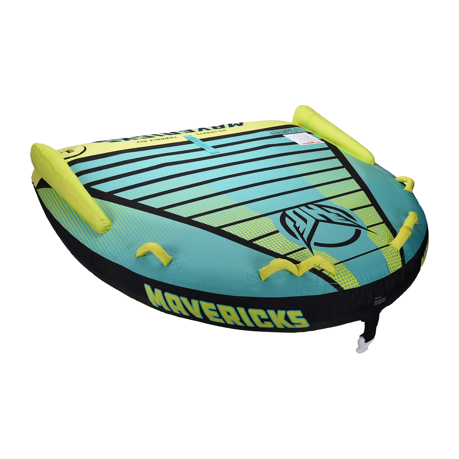 HO Sports presents the HO Mavericks 3 Tube, an inflatable towable water tube featuring a vibrant teal and yellow deck-style design. The word "Mavericks" is prominently displayed on the side, and it comes equipped with multiple handles for gripping. It offers comfort thanks to its advanced Softshell Technology.