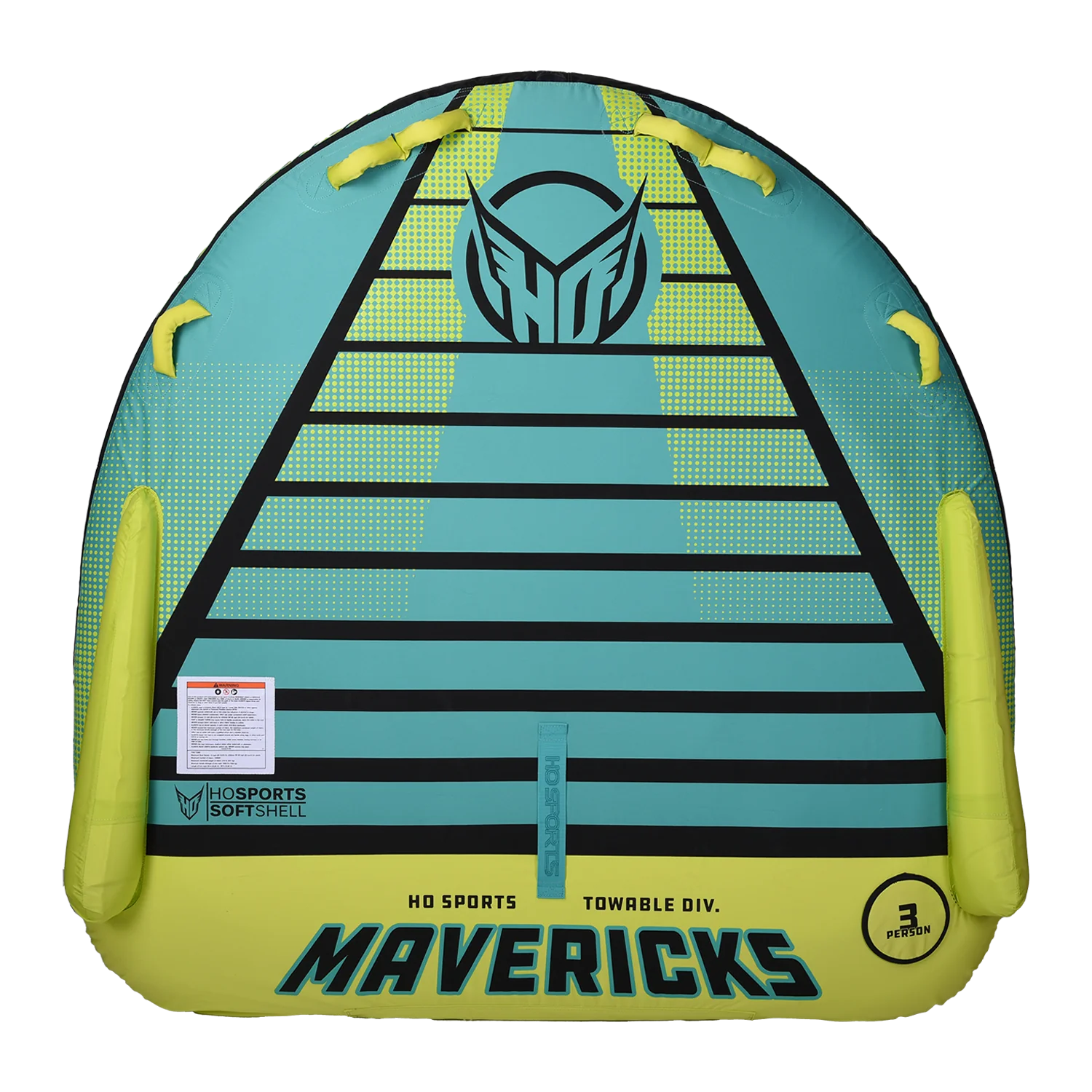 The HO Mavericks 3 Tube from HO Sports is an inflatable towable featuring a green and yellow design with a striped pattern. It is equipped with Softshell Technology for enhanced comfort, making it ideal for deck-style water adventures.